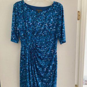 Connected Apparel Faux Wrap Blue Patterned Dress